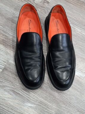 Santoni Men's  Black Leather Slip-Ons with Orange Insoles